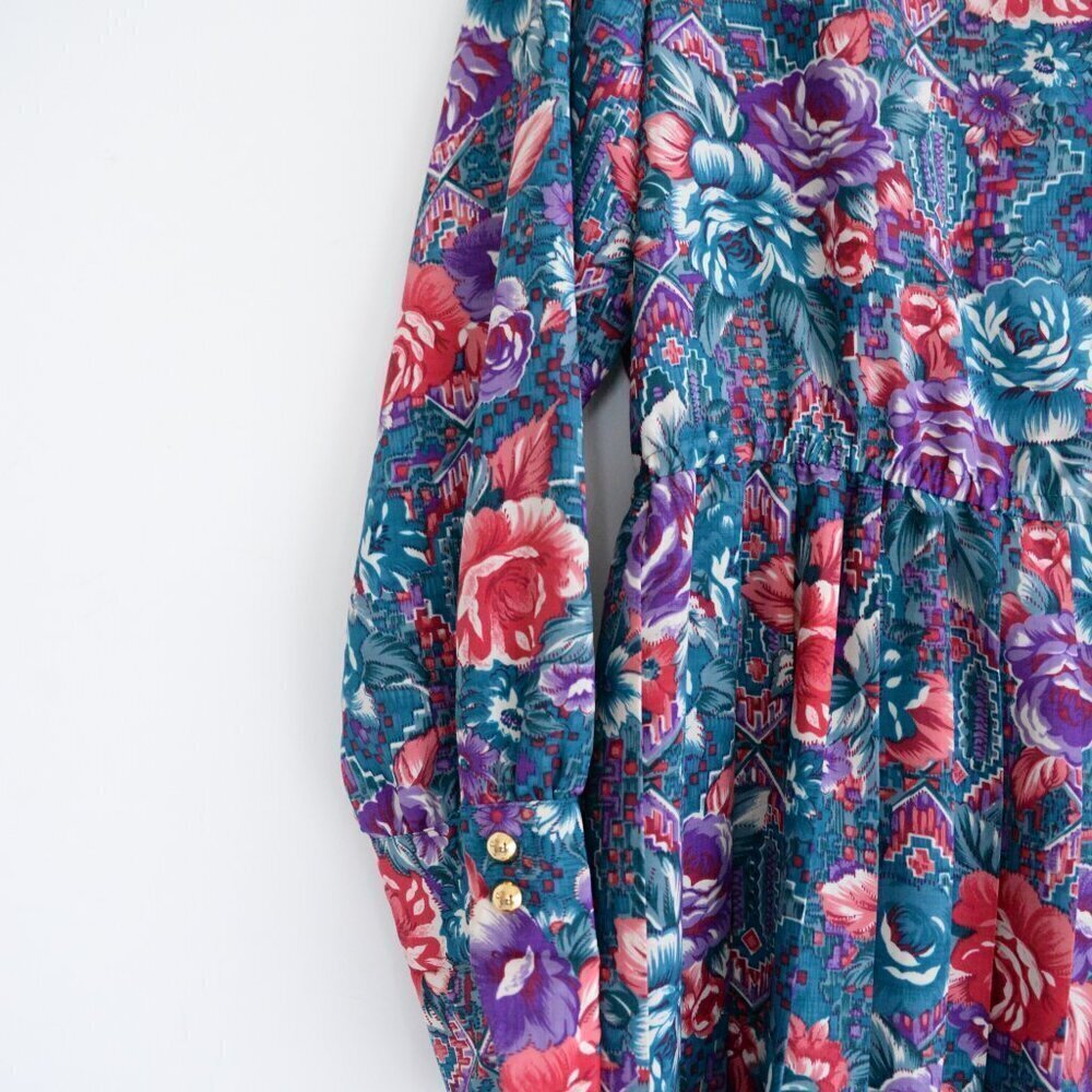 Vintage Schrader Teal Purple Floral Button Front Pleated Maxi Retro 80s Dress 18 - Picture 6 of 14